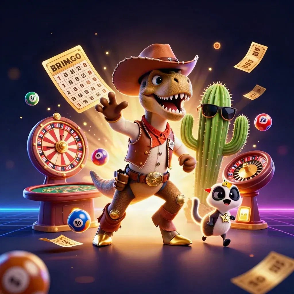 Cowboy T-Rex, cactus, and roadrunner in a neon casino key-art burst
