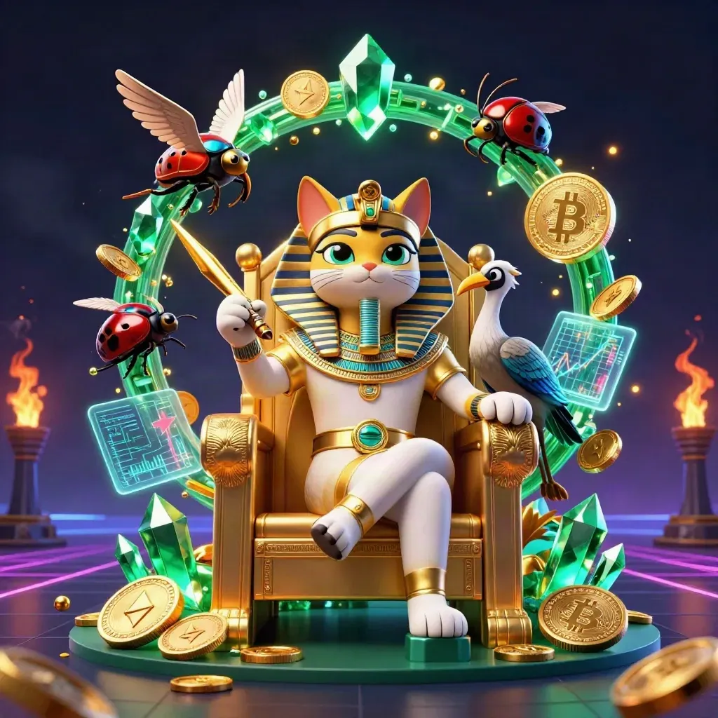 Pharaoh cat and ibis scribe amid scarab wings, crypto coins, and neon casino magic.