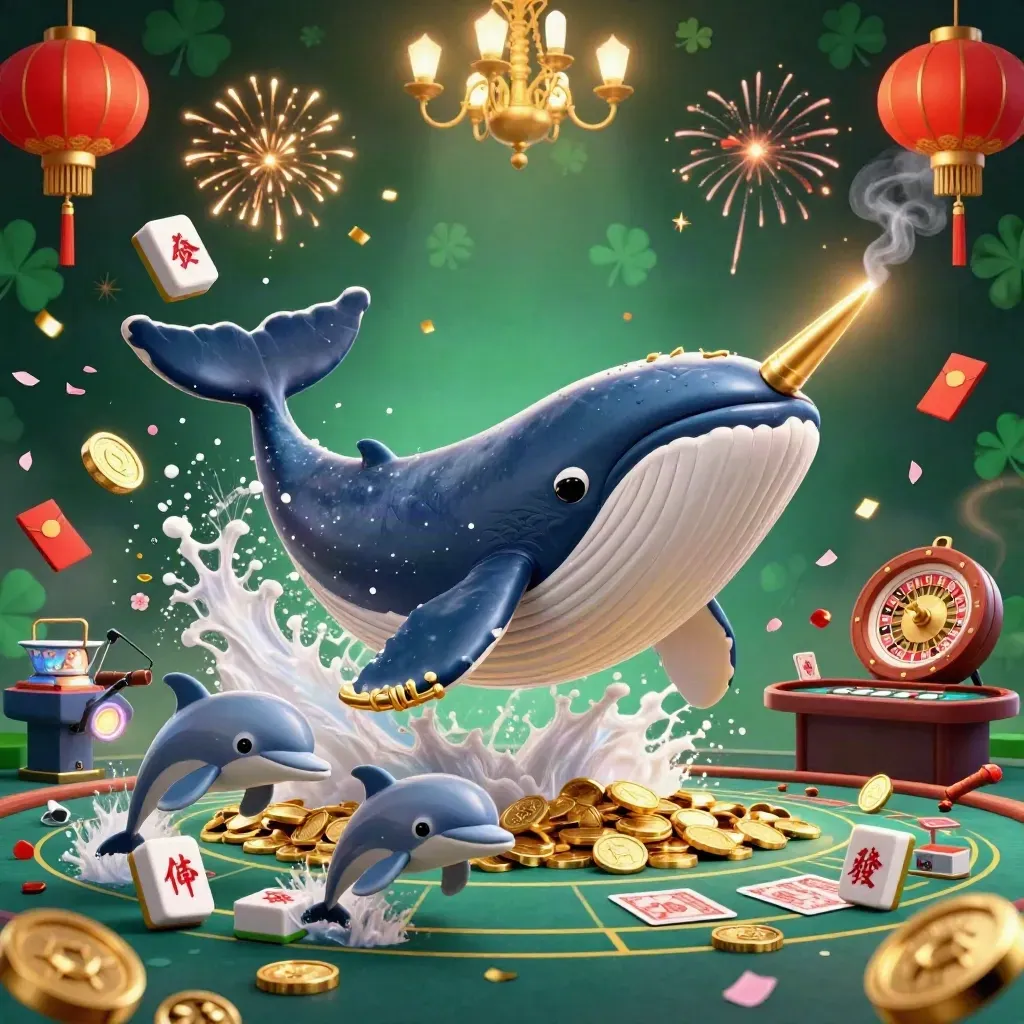 Whale captain, narwhal, and dolphins in a luxe casino scene with coins, lanterns, and fireworks
