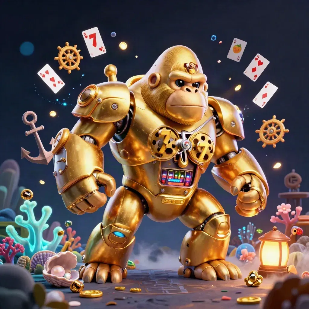 Golden gorilla mech with monkey pilot in a treasure cove, coins, coral, and glowing casino relics