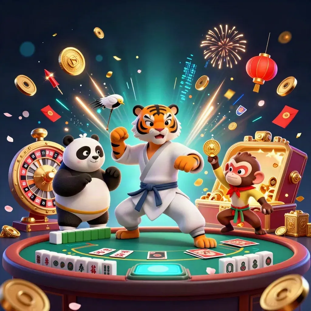 Tiger, panda and monkey amid casino loot, roulette spin and fireworks in neon navy gold.