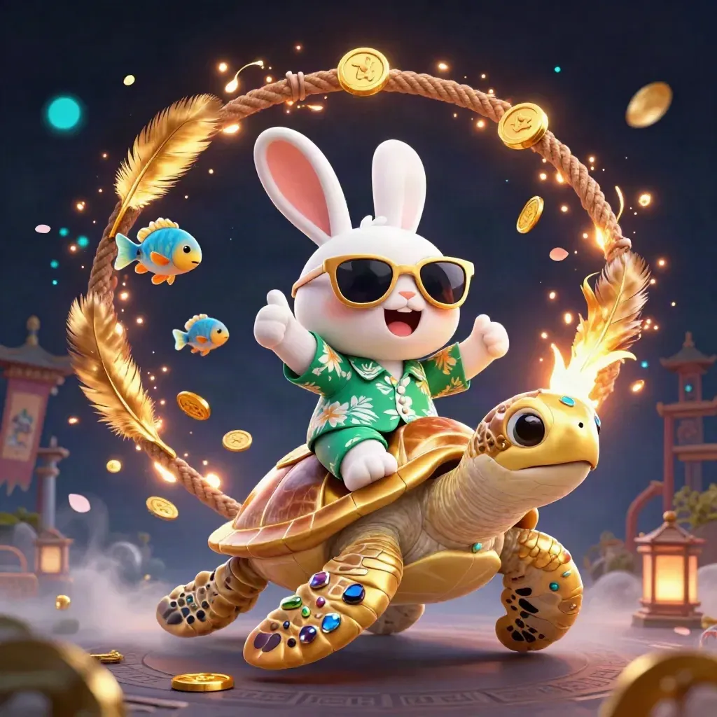 Lucky rabbit rides a jeweled sea turtle amid gold coins, temple gates, and glowing casino magic.