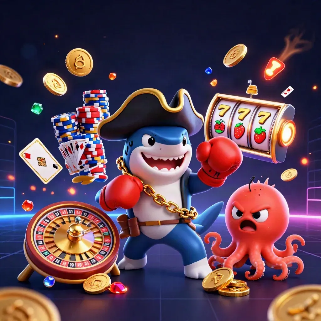 Shark pirate, boxing pufferfish, and octopus amid coins, gems, chips, reels, and neon casino glow