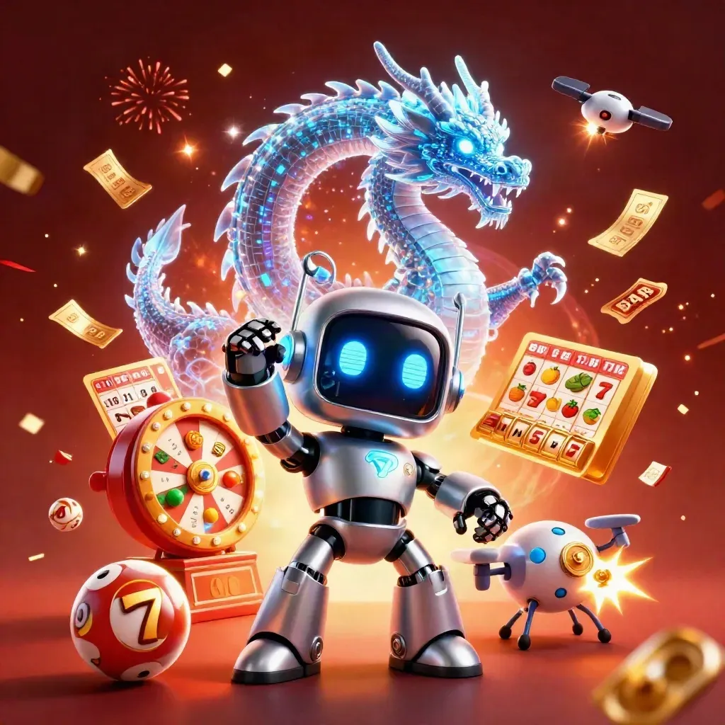 Cyberpunk robot, hologram dragon and drone amid casino tokens, confetti and fireworks.