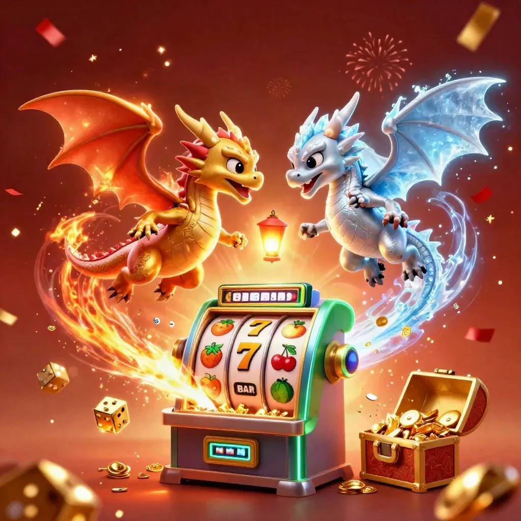 Gold and silver dragons spiral in a fiery yin-yang with casino treasures exploding around them.