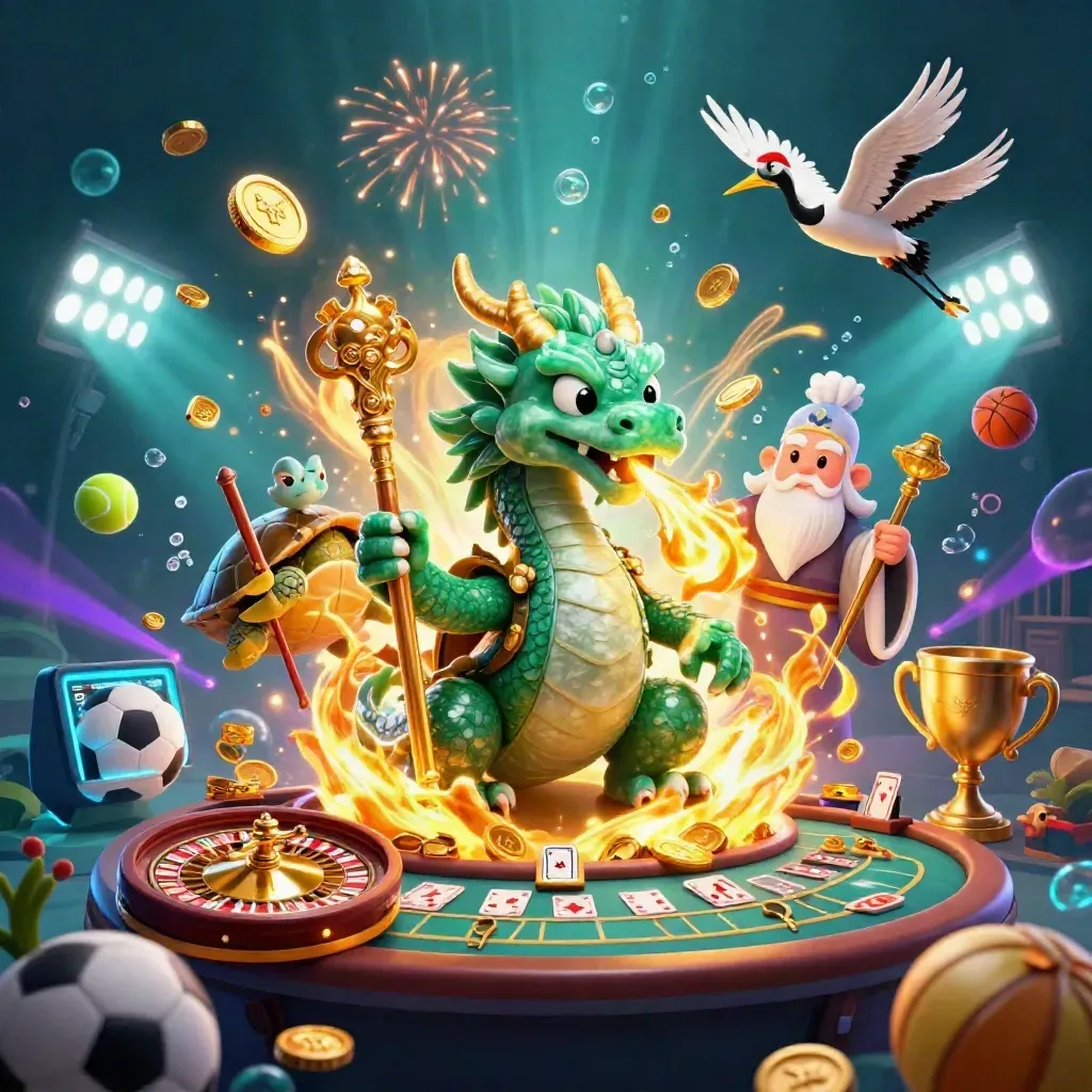 Dragon, turtle sage, and cranes amid casino treasure, coins, fireworks, and underwater glow.