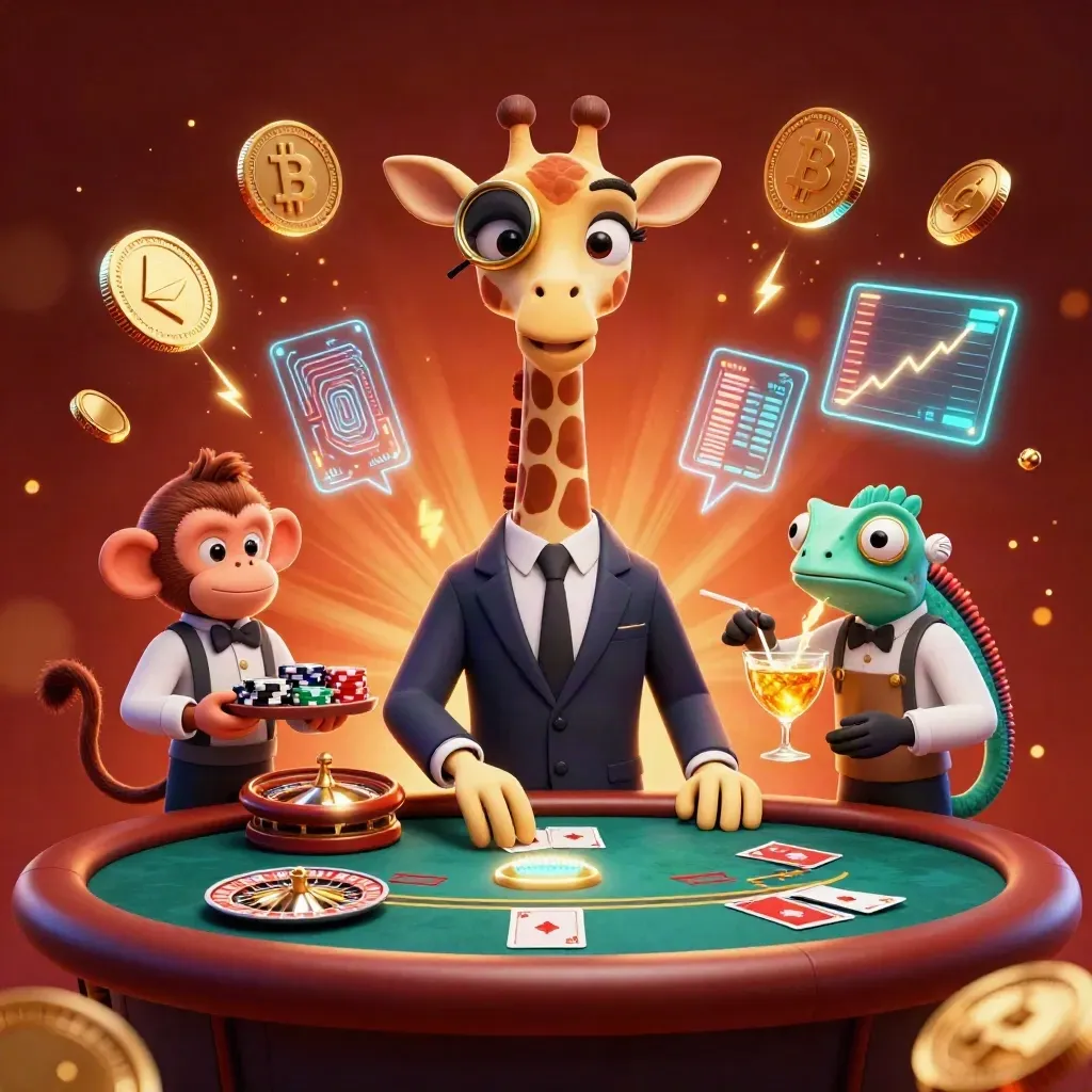 Giraffe high roller, monkey valet, and chameleon bartender amid vault coins and casino lights