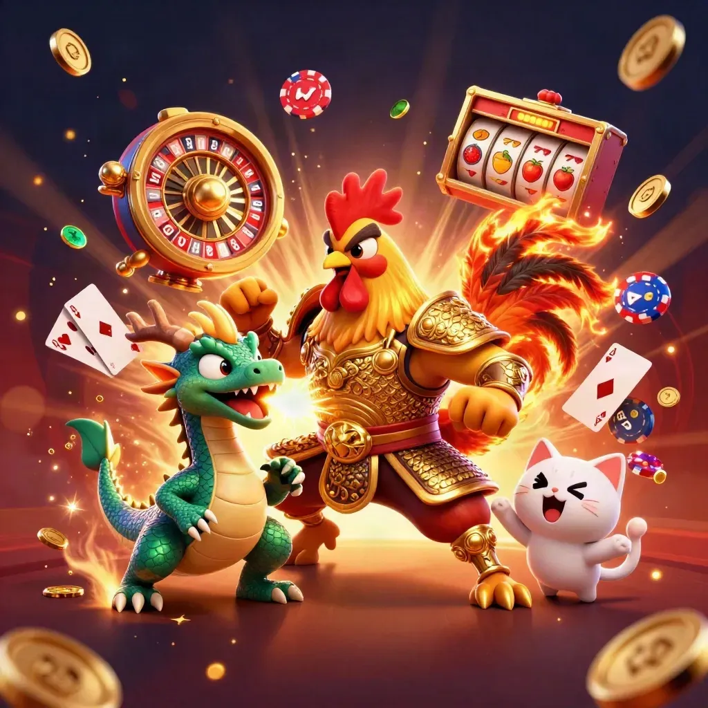 Rooster samurai, dragon hatchling, and lucky cat amid casino coins, chips, cards, and roulette in glowing gold.