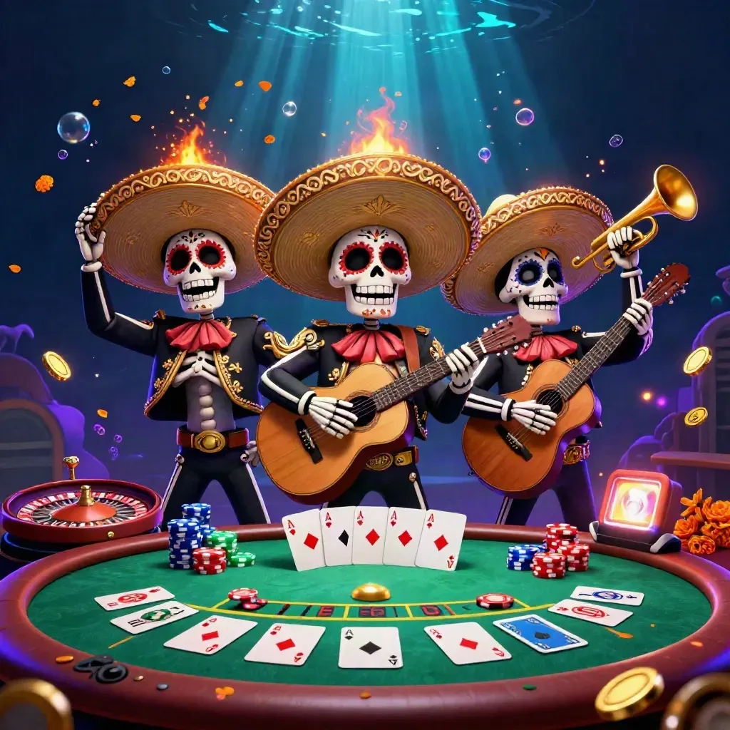 Day-of-the-Dead skeleton mariachi trio amid casino cards, chips, coins, and neon underwater glow