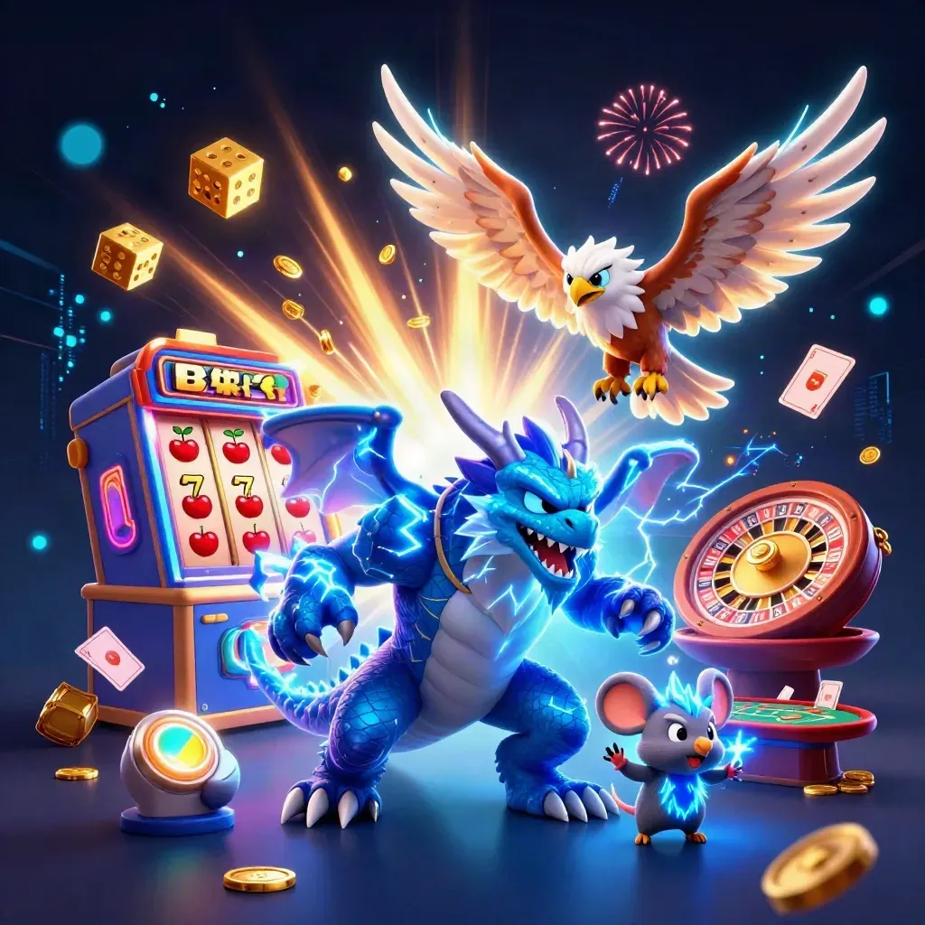 Thunder dragon, wind hawk, and static mouse burst from a jackpot vault amid gold and neon energy.