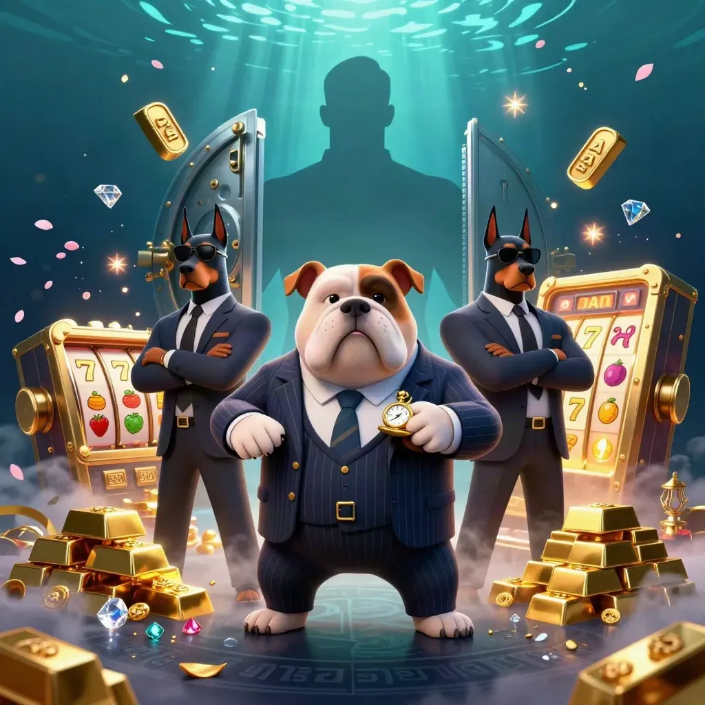 Bulldog boss and two Dobermans burst from a gold vault amid casino loot and neon water glow.
