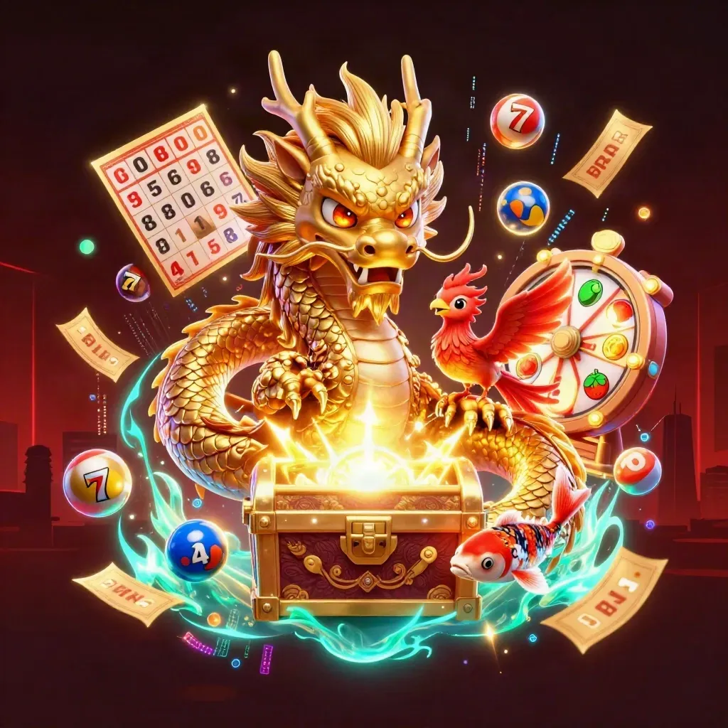 Golden dragon, phoenix and koi with casino symbols bursting in neon against a dark skyline.