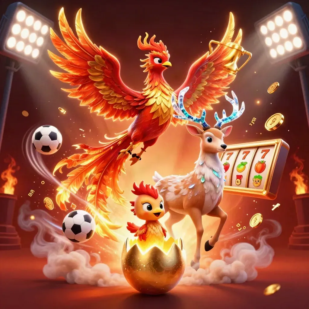 Fire phoenix, baby phoenix, and crystal stag amid casino symbols and glowing embers.