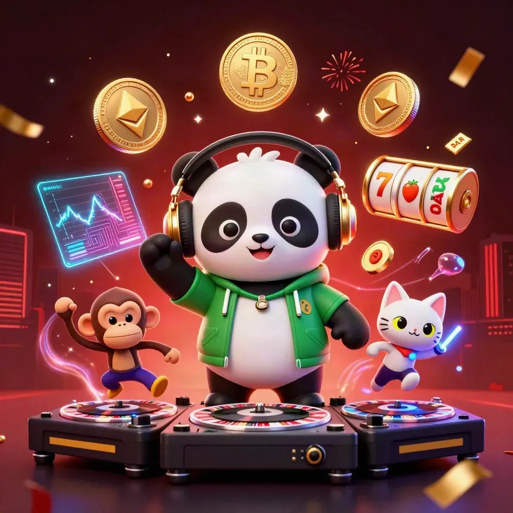 DJ panda, breakdancing monkey and rave kitten amid casino coins, lightning and fireworks.