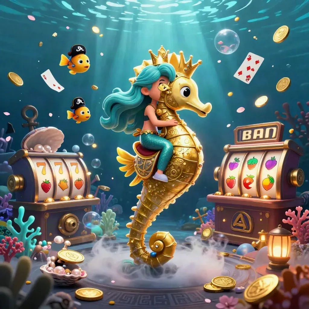 Mermaid princess on golden seahorse amid pirate fish, treasure, reels, and glowing underwater magic.