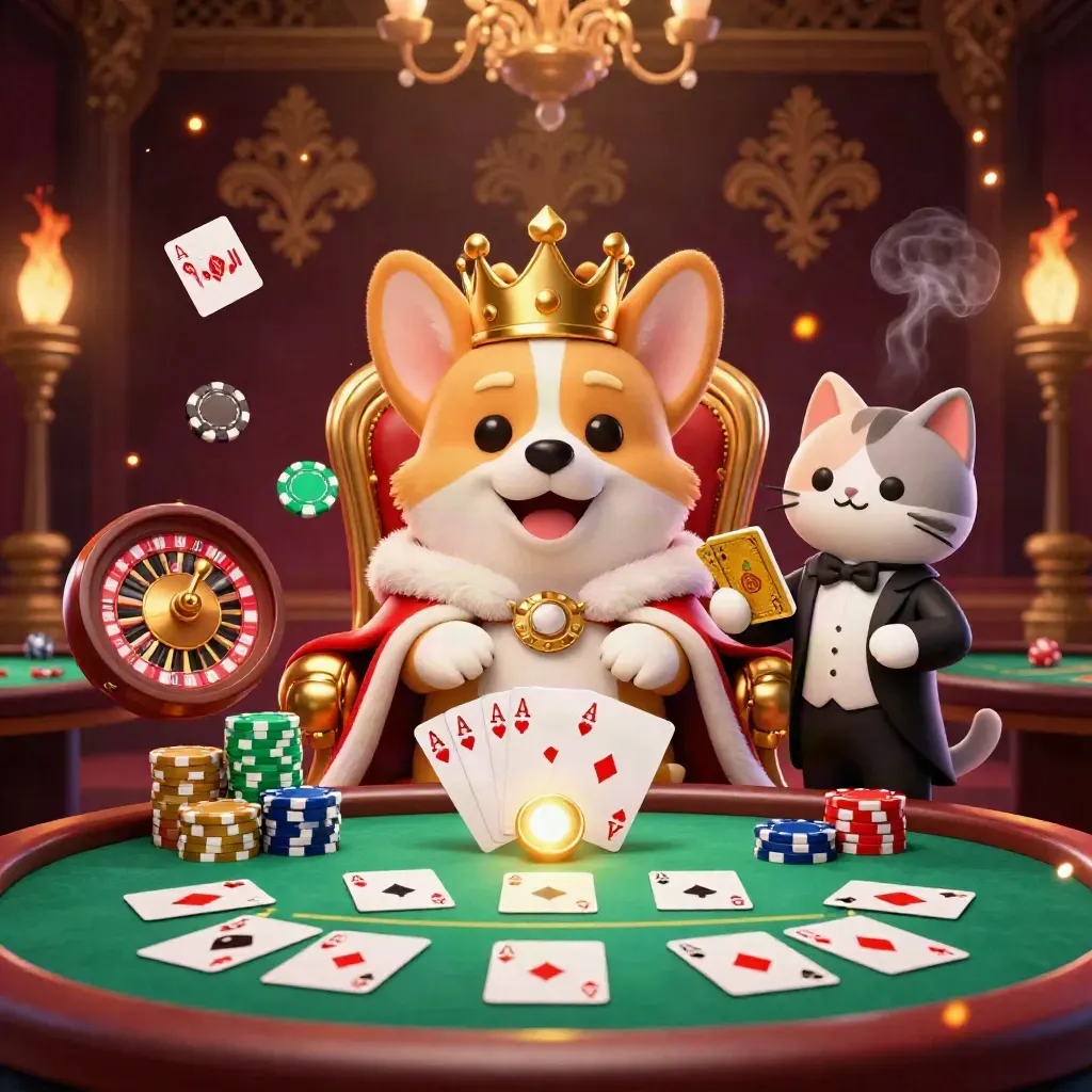Royal corgi and cat butler among casino chips, cards, roulette wheel and glowing gold accents.