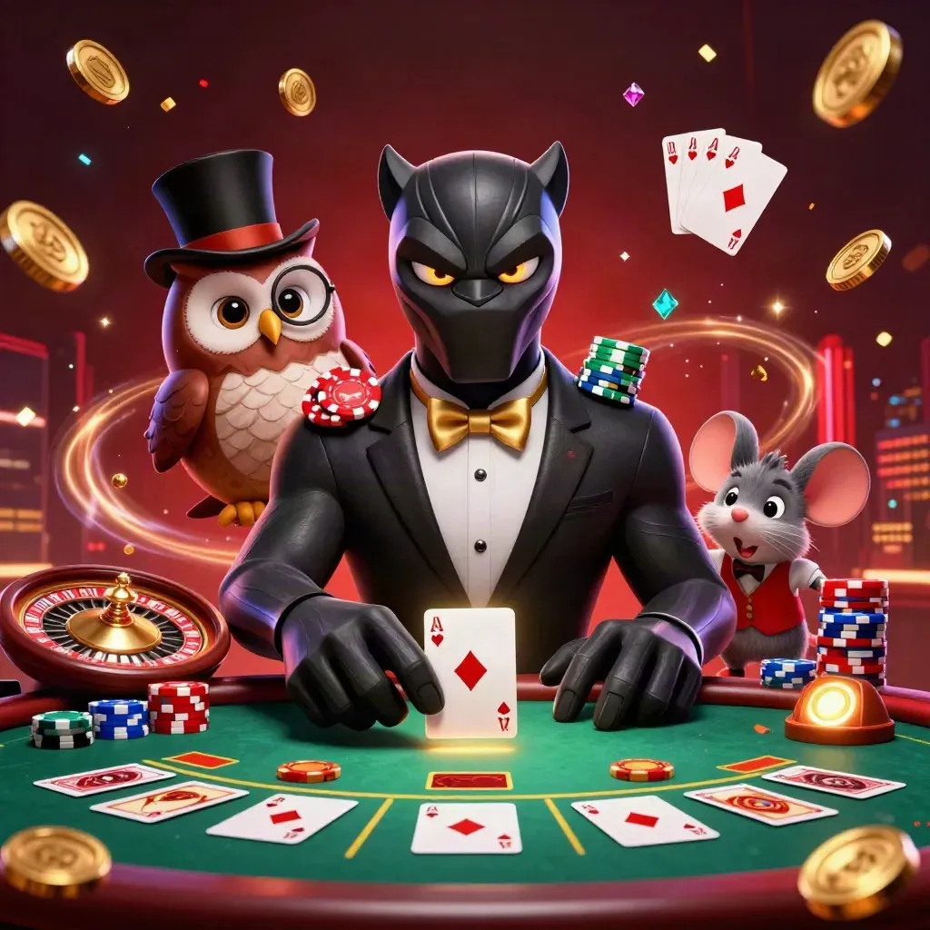 Panther, owl and mouse casino heroes amid chips, cards, coins and a spinning roulette wheel