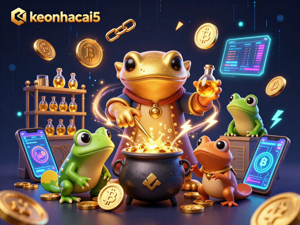 Engage with keonhacai5 in a magical casino realm filled with golden coins and cryptocurrency elements.