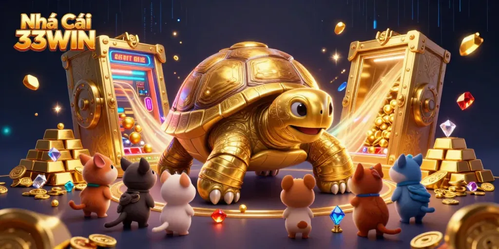 Engage in excitement at Nhà Cái 33WIN featuring a vibrant, animated casino scene with a golden tortoise pinball machine.