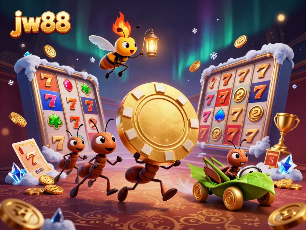 Embark on a thrilling casino heist with jw88's cartoon ants and golden poker chips.