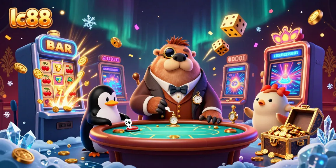 Experience excitement at lc88 with a walrus dealer, penguin player, and bursting slot machines!