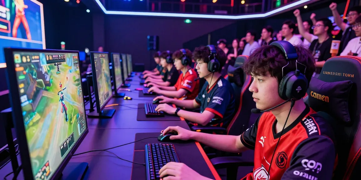 Exciting e-sports tournament featuring KOMBET168 teams competing in a vibrant arena.