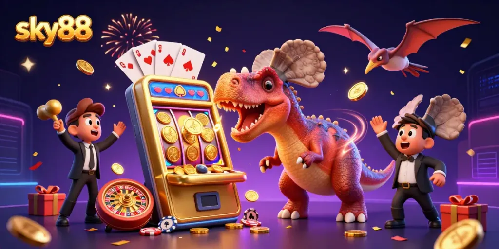 Sky88 showcases a fun-packed casino scene with animated dinosaurs in action, celebrating jackpot wins.