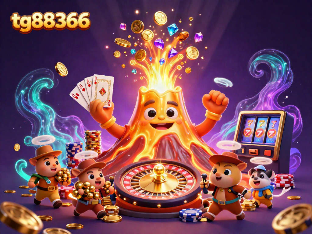 Experience the excitement at tg88366 with a vibrant volcano showering treasures and action-packed casino elements.