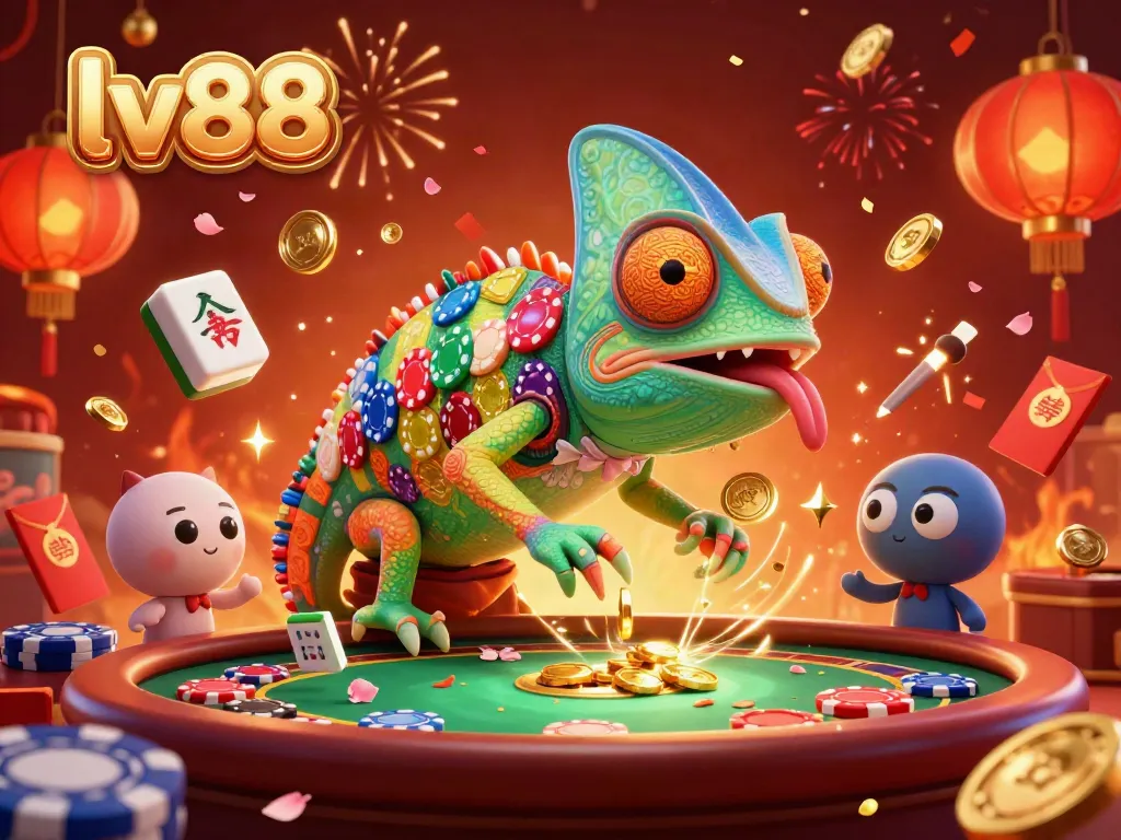 Join the excitement at lv88 casino with a vibrant chameleon owner and abundant gaming elements.