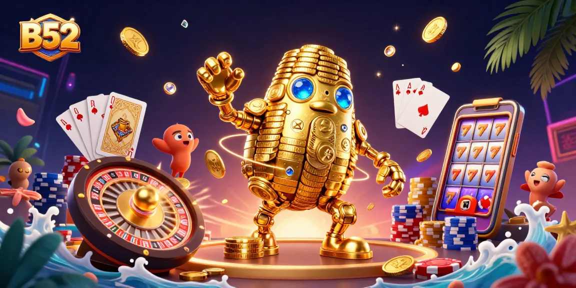 Engage with the B52-themed casino experience featuring golden golem and vibrant game elements.