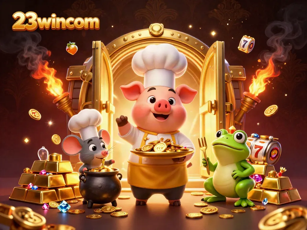 Experience thrilling betting with 23wincom as a chef pig serves gold coins amidst vibrant casino visuals.