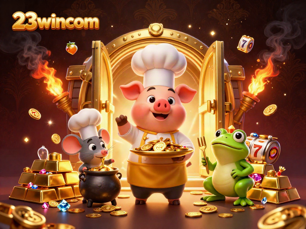Experience thrilling betting with 23wincom as a chef pig serves gold coins amidst vibrant casino visuals.