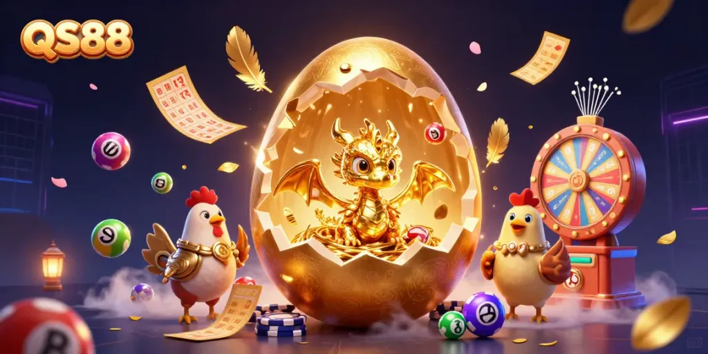 Experience exciting gameplay at QS88 with a golden dragon guarding poker chips amidst a vibrant gambling scene.