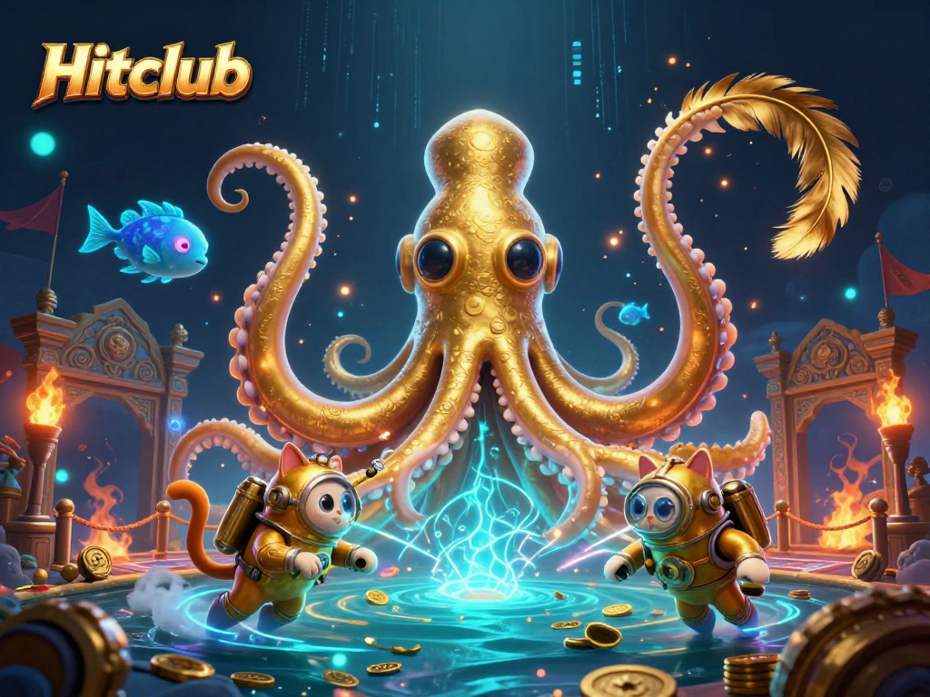 Hitclub showcases a colossal kraken and diving cat in a vibrant underwater casino scene.