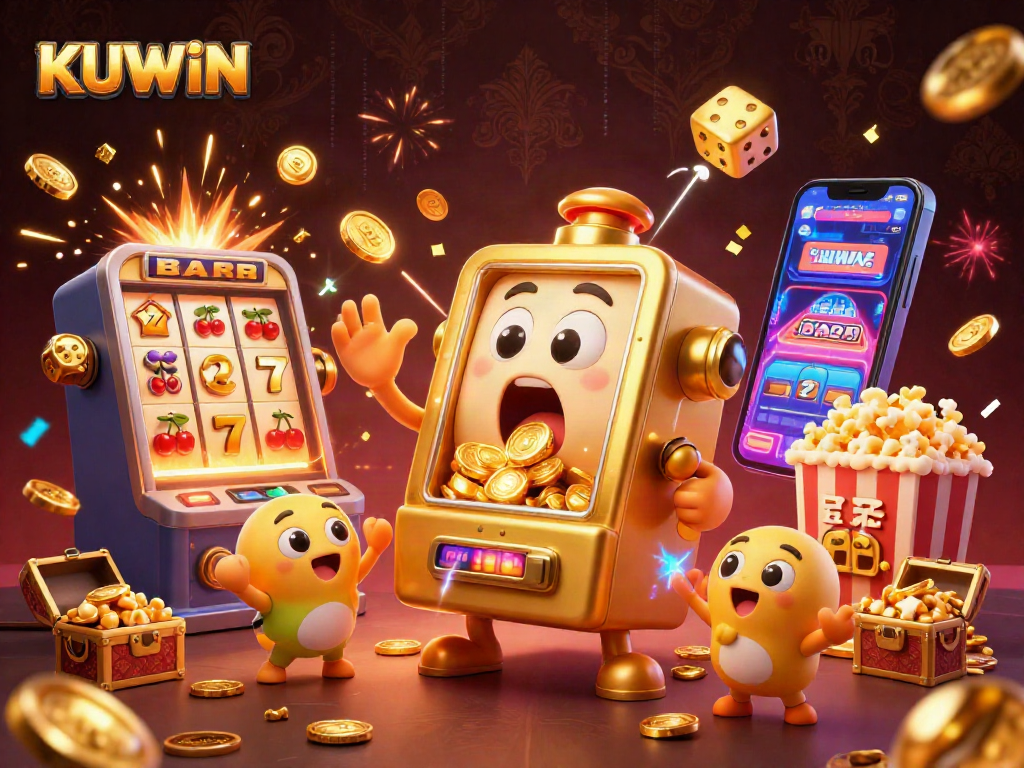 KUWIN engages players with thrilling slot machine jackpots and lively characters in vibrant digital illustration.