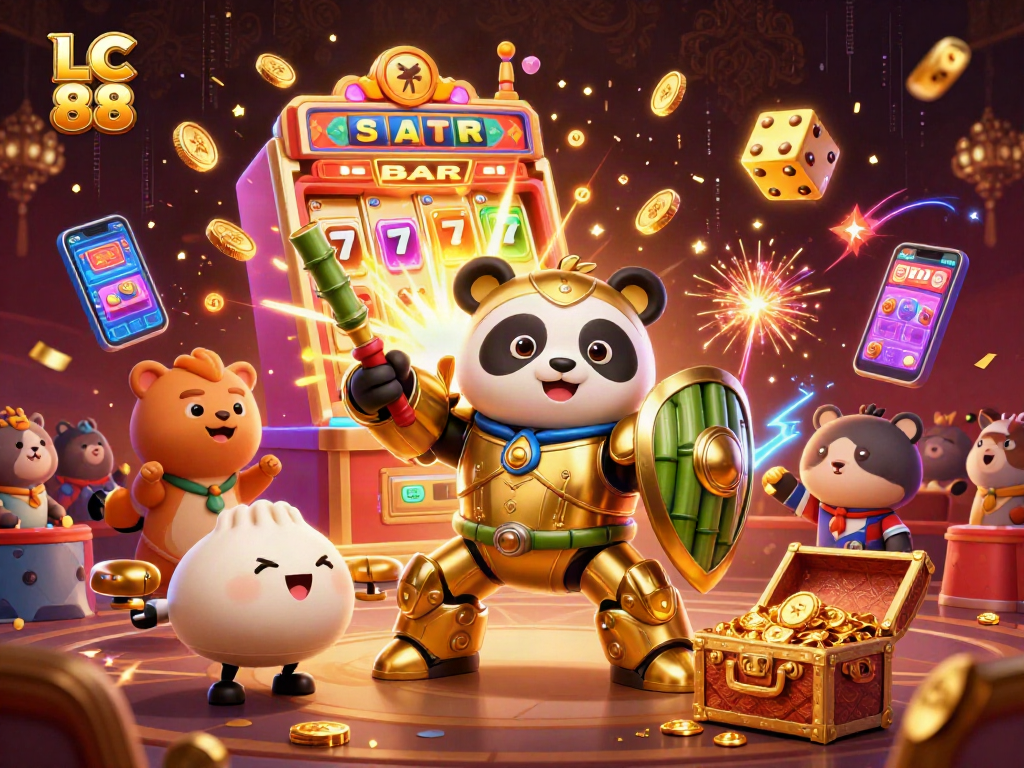 Join the thrill at LC 88 with a dynamic gaming scene of a golden panda piloting a robot in a lively casino.