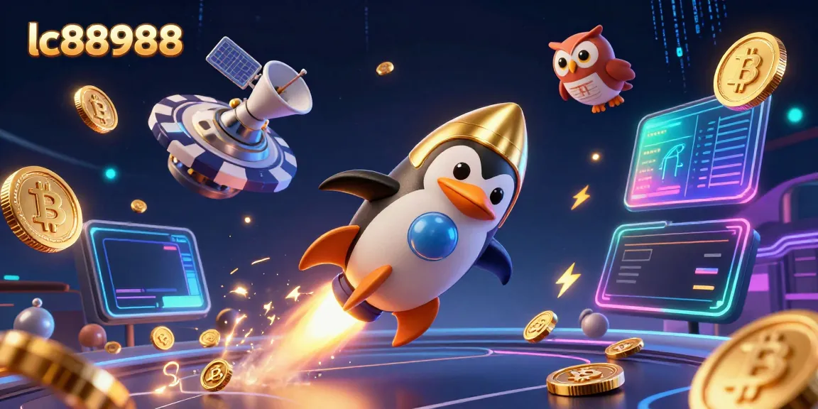 Engage with the exciting lc88988 casino platform, featuring a golden penguin soaring through a cosmic casino.