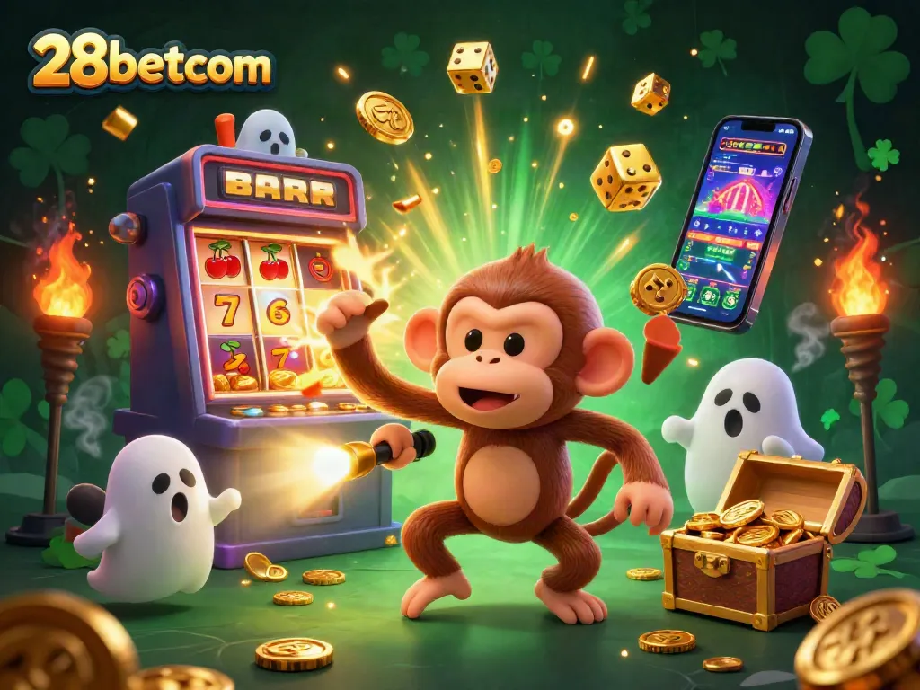 Experience gambling excitement with 28betcom in a vibrant 3D casino illustration featuring a playful monkey.