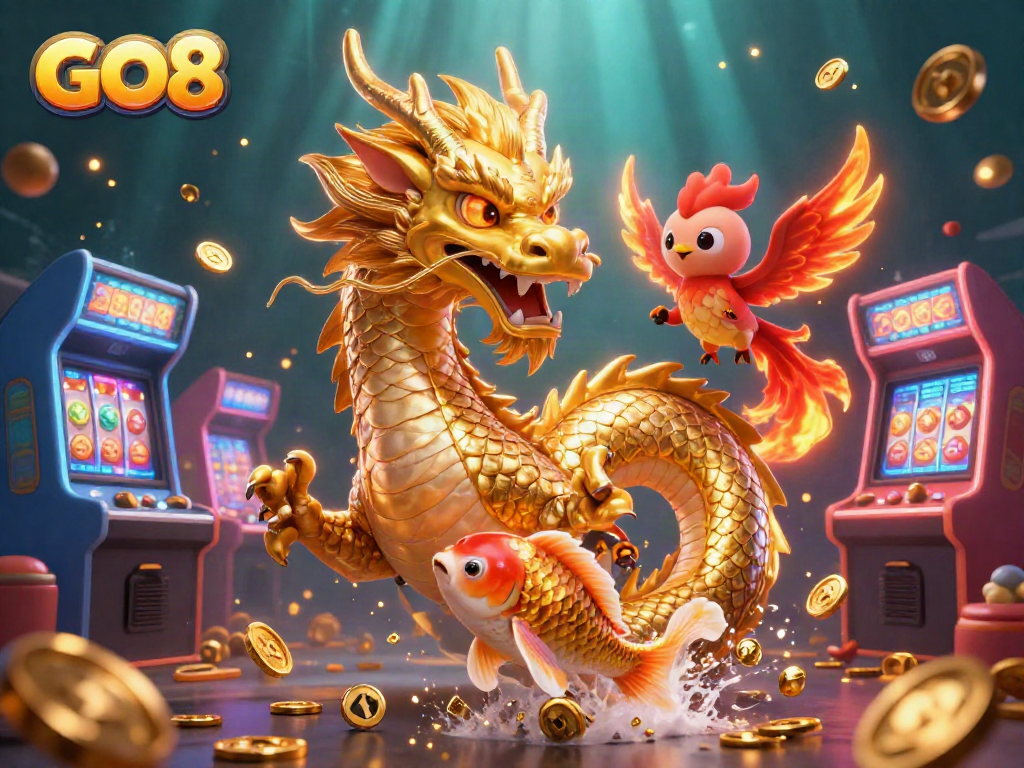 Engage in thrilling gameplay at GO8 with a golden dragon and phoenix amidst coins and vibrant casino elements.