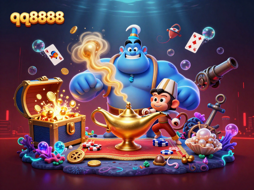 Experience the thrill with qq8888 as a genie emerges alongside treasures and gaming excitement.