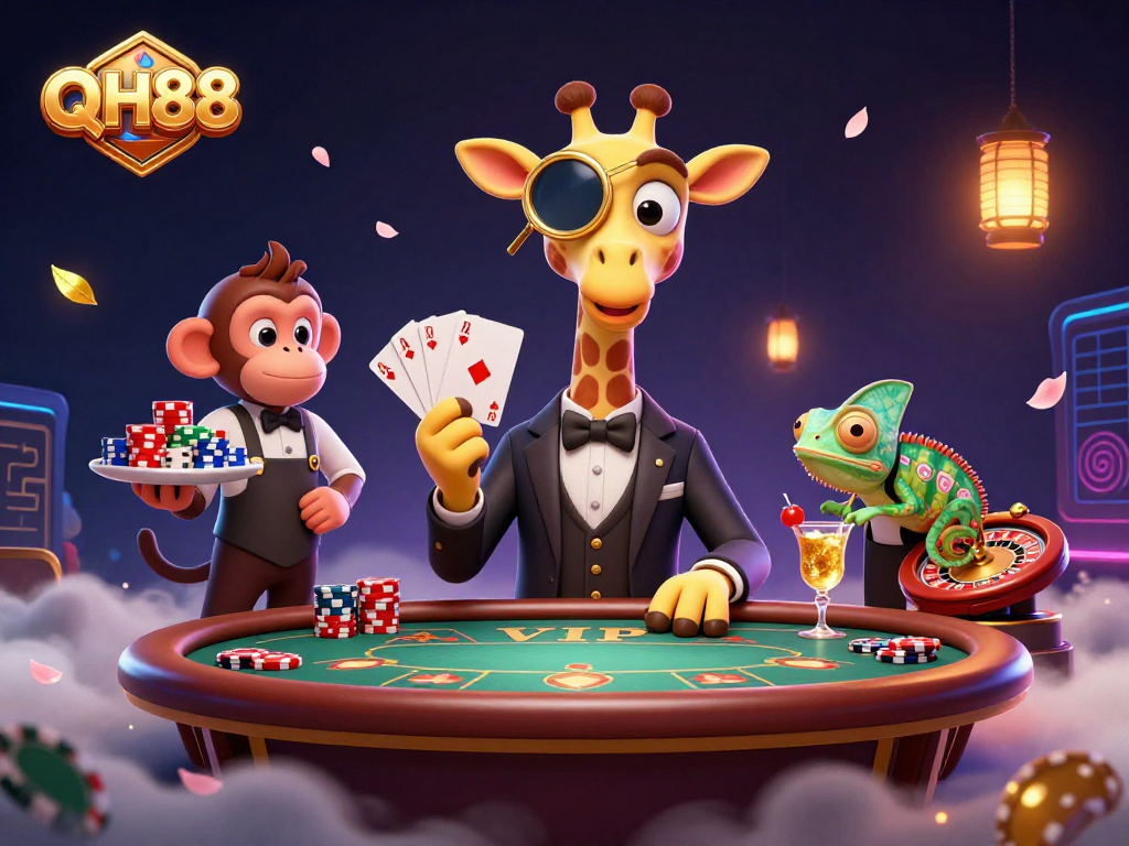 Experience the vibrant world of QH88 with a high-roller giraffe at a VIP poker table amidst dynamic casino elements.