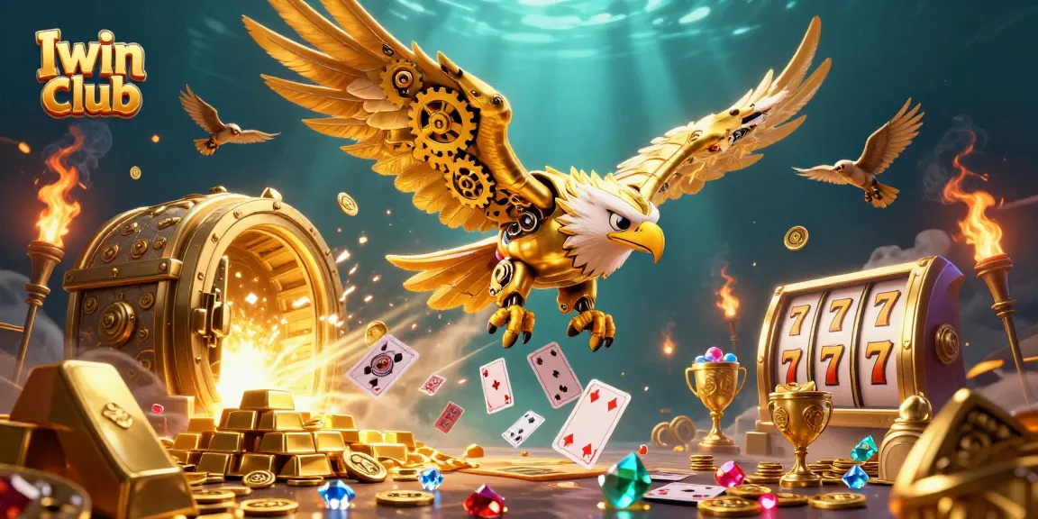 Iwin club reveals a thrilling 3D scene with cybernetic golden eagle diving through holographic cards amidst a cascade of riches.