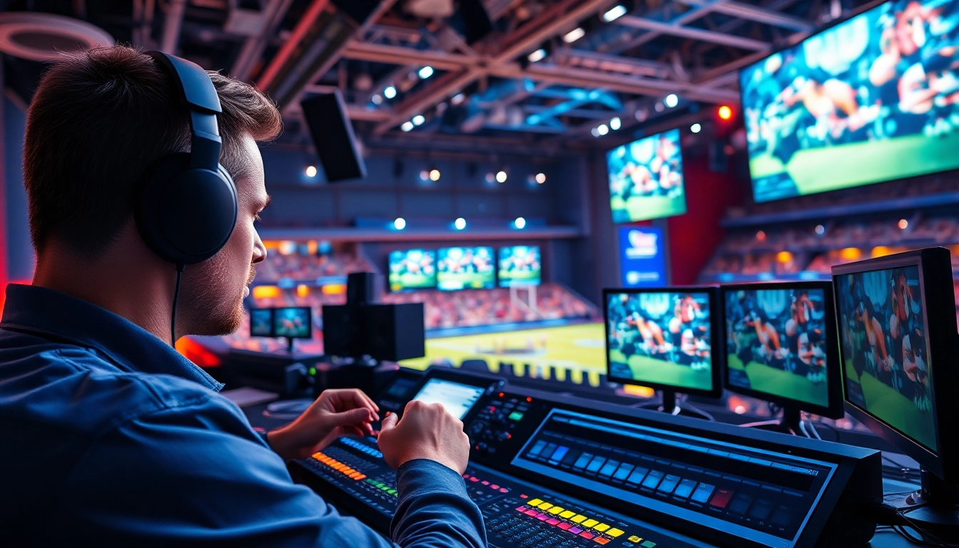 Engaging scene in sports broadcasting control room showing technicians and live feeds.