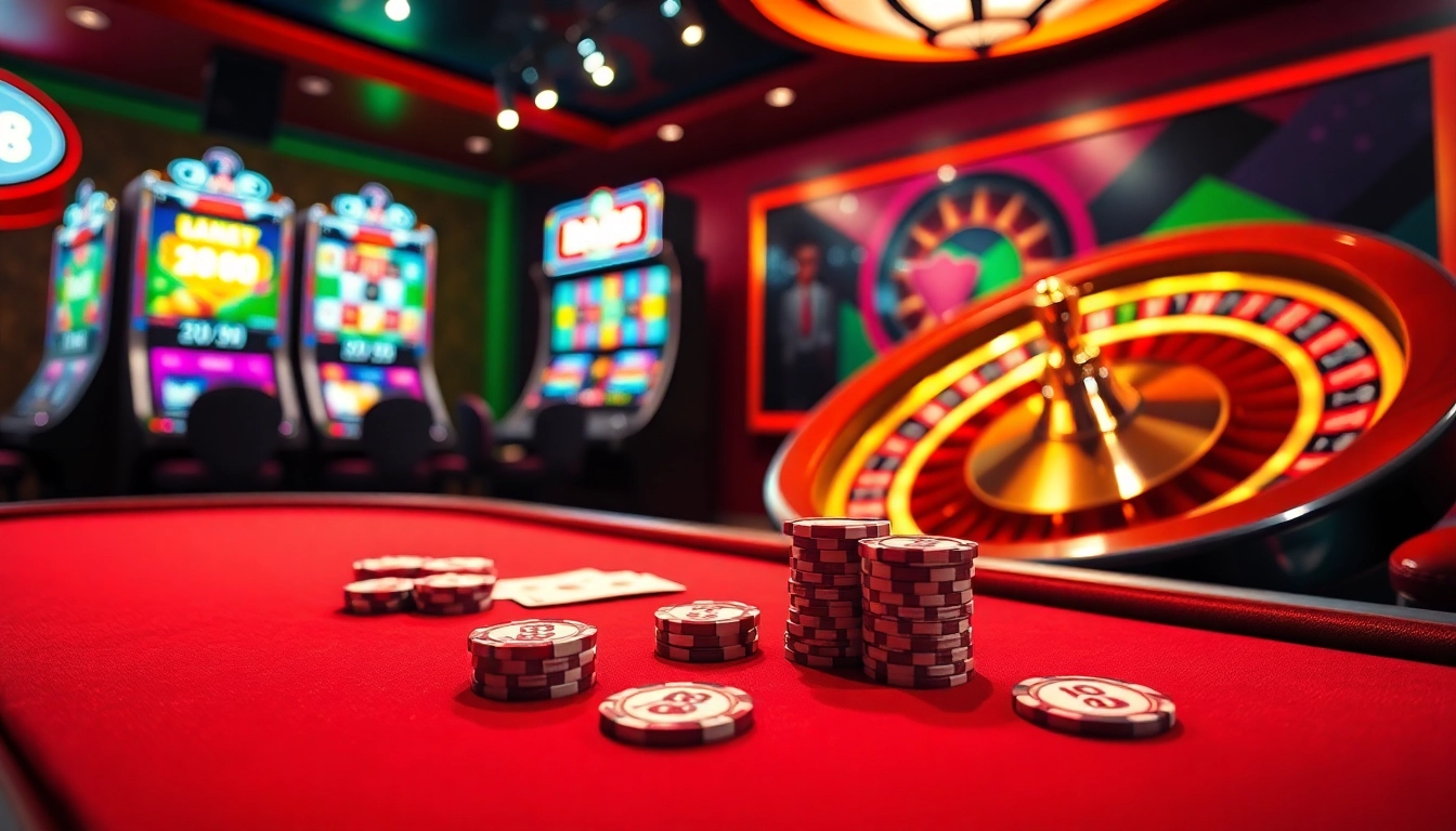 Engage with DA88's thrilling casino games showcasing poker chips and roulette wheels.