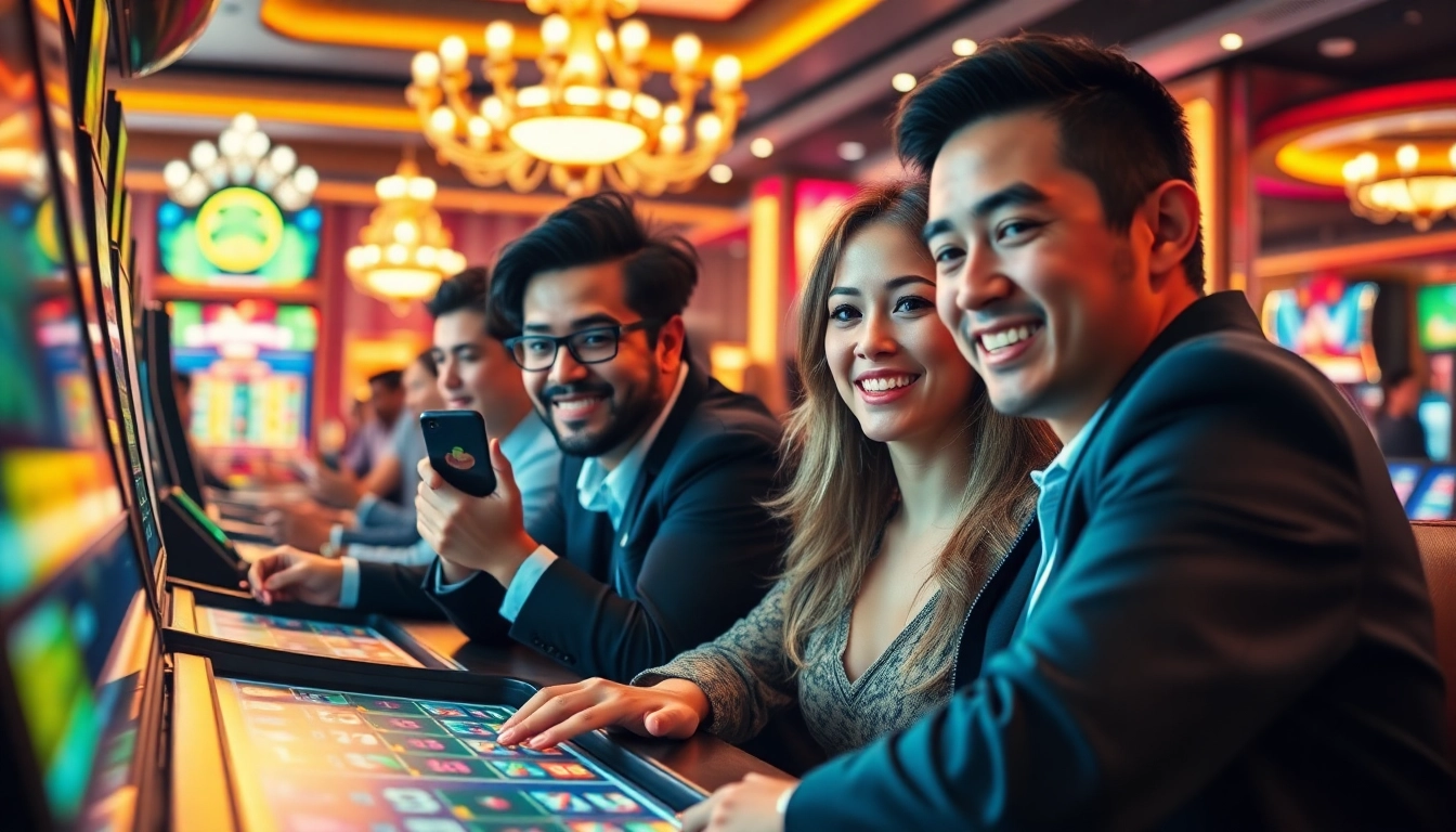 Experience the thrill of online gaming at 98winwin.live with happy players enjoying diverse games in a vibrant casino atmosphere.