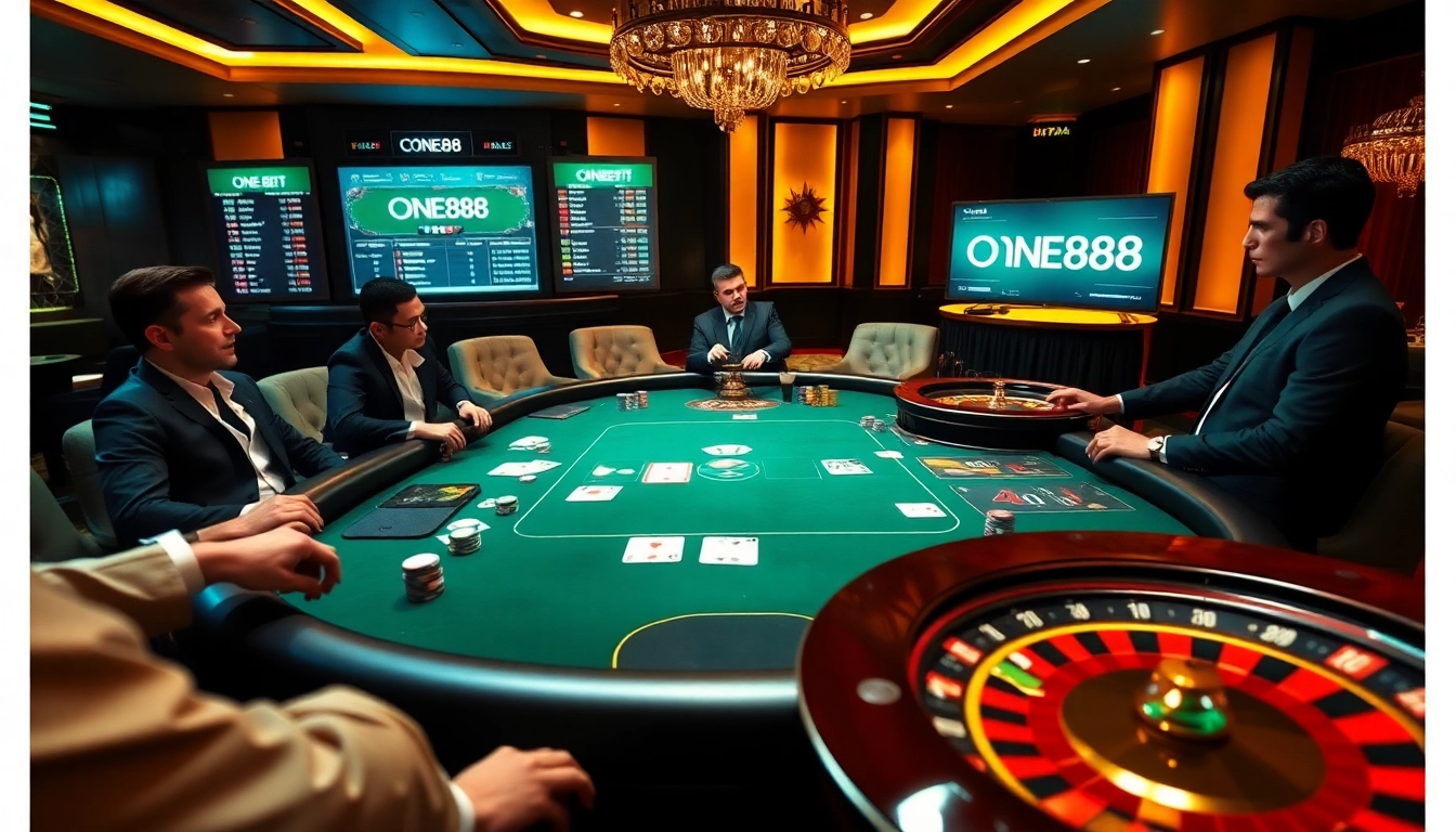 ONE88 casino table with high-stakes poker chips and illuminated roulette wheel in a luxurious setting.
