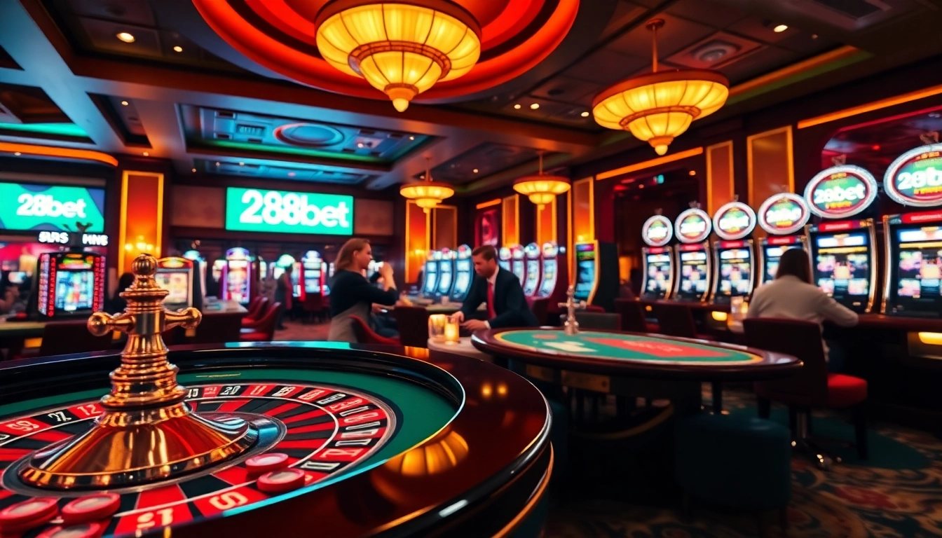 Exciting scene of gambling at a luxury casino featuring roulette and poker with 28bet branding prominently displayed.