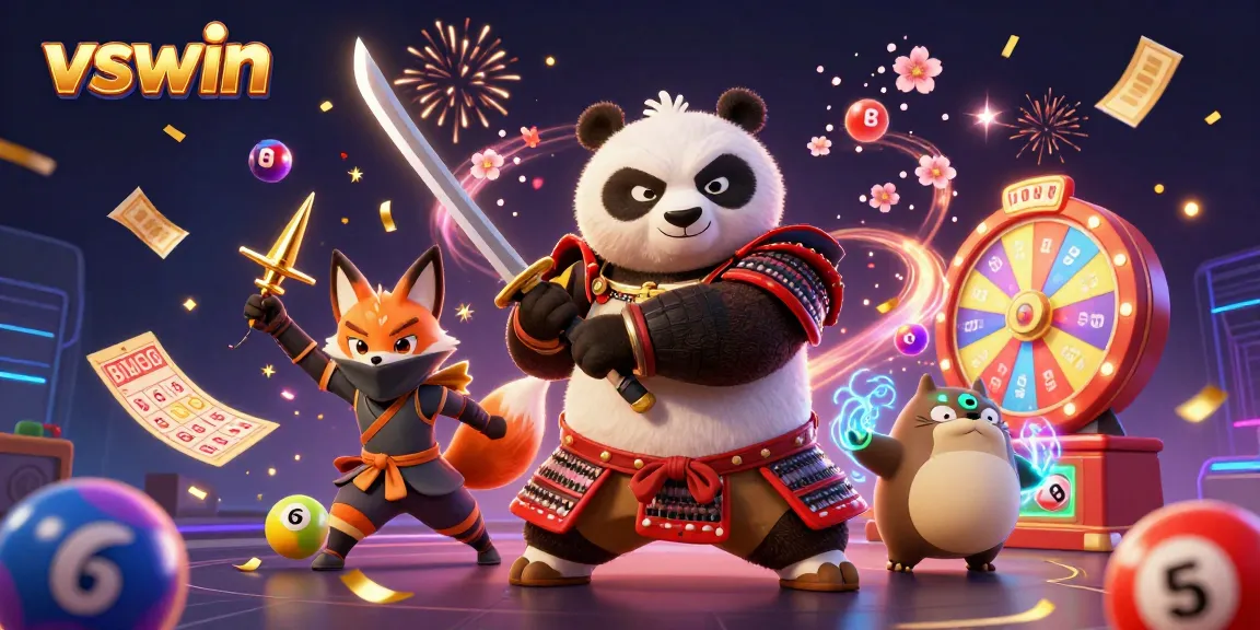 Experience excitement with vswin as a samurai panda and ninja fox celebrate wins among colorful lottery elements.