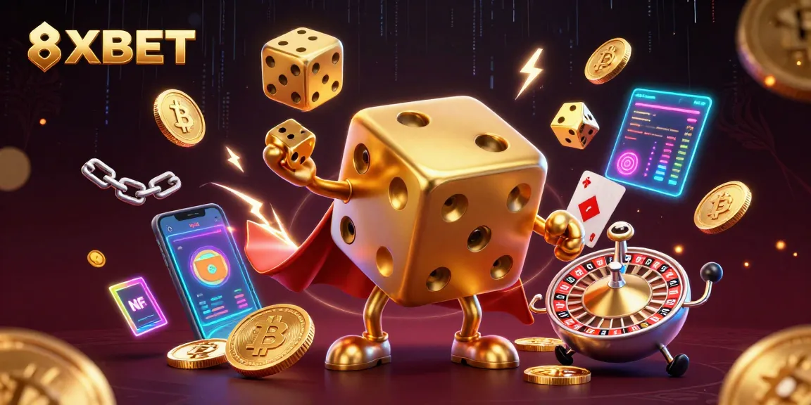 Engage with 8XBET's dynamic gaming scene, featuring golden dice and crypto elements.