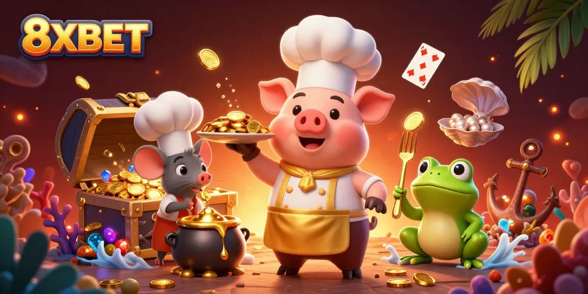 Join the fun with 8XBET in this rich casino-themed scene featuring gold coins and joyful characters.